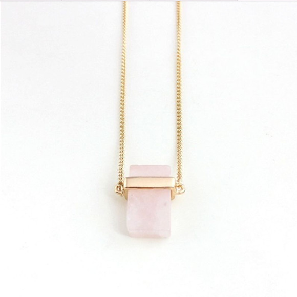 Rose Quartz Gemstone Necklace Pink Stone Gold Tone Tourmaline Natural NEW - Picture 2 of 5